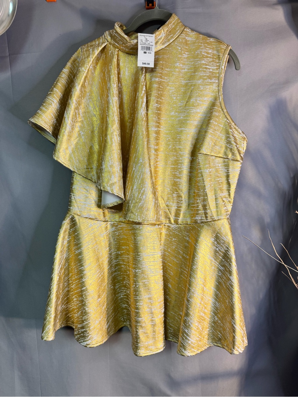 Ashley Stewart Metallic Gold Ruffle Neck Peplum Top